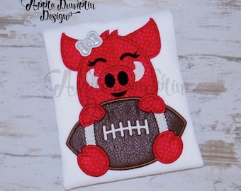 Razorback with Bow Football Mascot Applique, Machine Embroidery Design, Boy Embroidery, Arkansas Razorback, College Football, 4x4, 5x7, 6x10