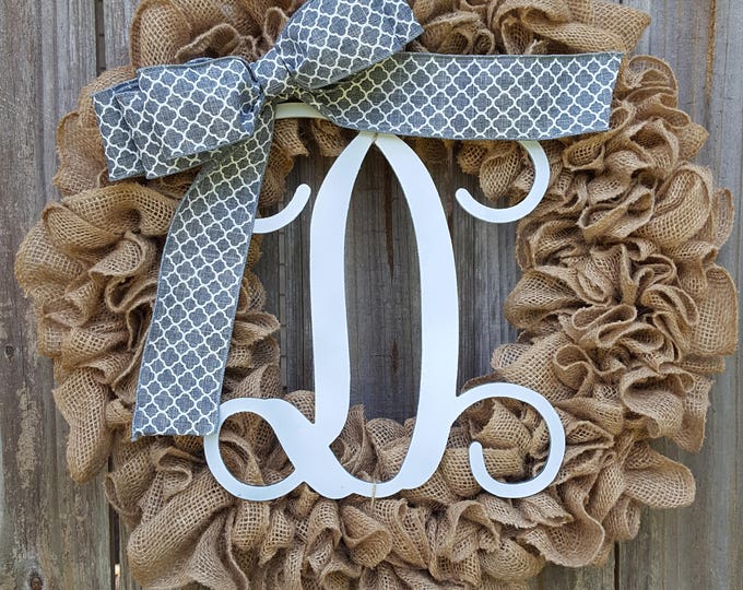 Monogram Burlap Wreath, Wreath for Door, Everyday Wreath, Gray Wreath, Burlap Monogram Wreath, Initial Wreath, Front Door Wreath, Burlap