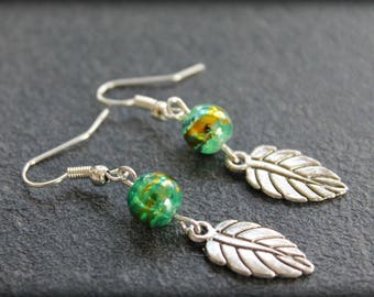 nature earrings leaf green gold