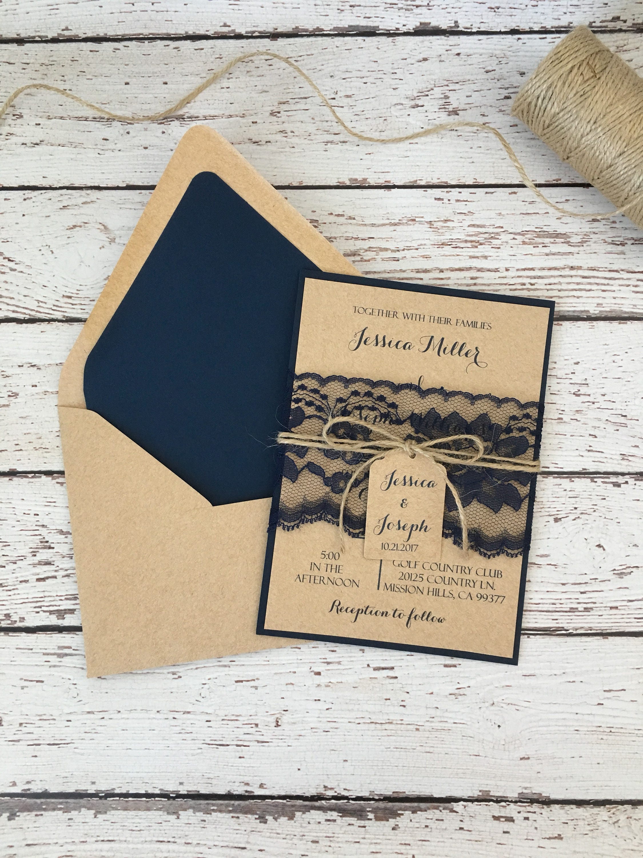 Rustic wedding invitation navy blue wedding invitation lace