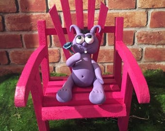 Cute purple polymer clay monster sitting in pink Adirondack chair. Indoor Outdoor decoration. Gift for Get well. I'm sorry. I love you