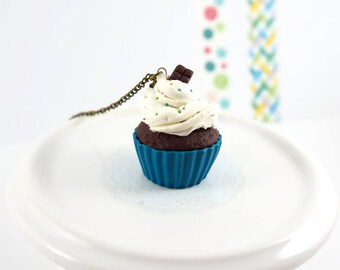 Cupcake Necklace blue chocolate with the whipped cream - polymer clay
