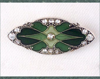 Green vintage Art Déco brooch, old style, Swarovski strass