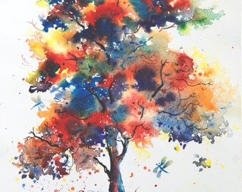 Tree watercolor painting original wood painting watercolor