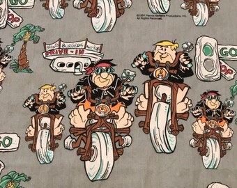 FLINTSTONES fabric Motorcycles Grey Hanna Barbera RARE FQ fat quarter quilting