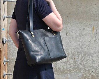 Small leather tote bag YKK zipper tote Black leather