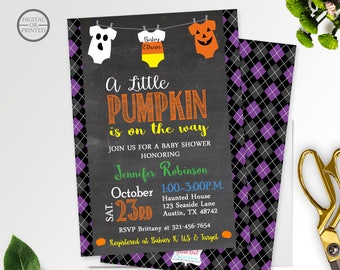 Halloween Baby Shower Invitation | A Little Pumpkin Baby Shower Invitation | Fall Baby Shower Invitation | Onesie Chalkboard