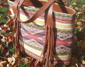 Handmade leather and handwoven tote bag