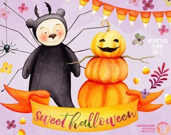 Watercolor Halloween Clipart, corn candy clipart, Kids clipart, Fall clipart, spider clipart, fall flowers leaves, watercolor pumpkin man