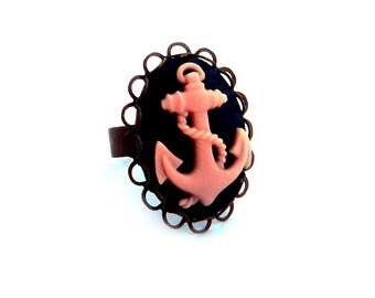 Pink anchor cameo bronze Adjustable ring