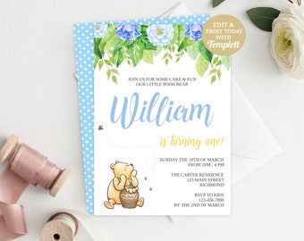 Classic Winnie The Pooh Birthday Invitation, Pooh Birthday, Pooh Invitation, Pooh Bear, First Birthday, INSTANT DOWNLOAD, Boy Birthday