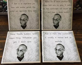 Curb Your Enthusiam Coasters | Larry David - Set of 4 Coasters - TV Comedy - Best Quotes - Office Decor - Living Room Decor - Drink Coasters