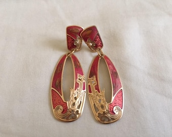 Vintage Berebi Gold Strawberry Red Swirl Dangle Earrings