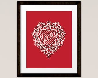 Love Print Valentine Art, Home Decor, Red Lace Heart Print, Printable, INSTANT DOWNLOAD