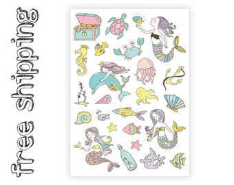 Temporary tattoo nautical marine set "Under the sea" with little mermaid and her friends: dolphin, jellyfish, turtle, crab, fish. TA059
