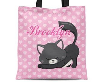 Cat Personalized Tote Bag - Sleepy Black Kitten Tote Bag, Cute Pink Hearts Kitten Cat Tote Bag, You Pick Cat - Kids Personalized Gift Bag
