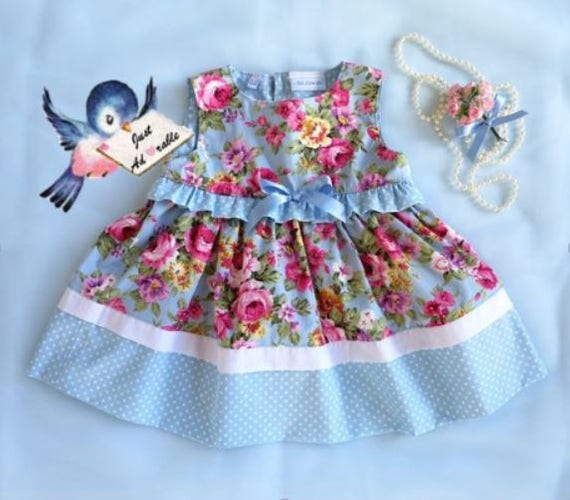 Girls clothes Baby dress Frilled baby dress Blue rosy