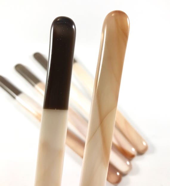 Set of 6 brown and white fused glass swizzle sticks for