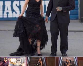 Black lace mermaid dress / black dress / custom made black prom dress / black bridal gown / black gown / ruched black wedding dress