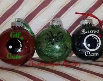 Santa can, Elf Cam, Grinch ornamnment, Santa, Elf, Grinch, Christmas Ornament