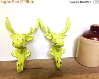ON SALE Lime Green Moose Head Wall Hooks - Set of 2 - Bathroom Towel Hooks - Coat Hooks - Wall Key Holder - Bathroom Wall Decor - Rustic Cab