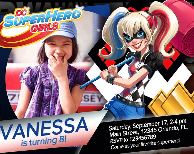 DC Super Hero Girls - HARLEY QUINN - Invitation with photo - We deliver your order in record time!, less than 4 hour! Best Value