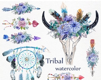 ON SALE 30% Watercolor tribal clipart: "BULL Scull Clipart" Floral Arrows clipart Blue flowers Boho wedding Diy wedding Dreamcatcher clipart
