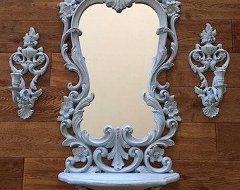 SOLD Beautiful Syroco 1970 Mirror shelf with wall sconce pair, blue, distressed, Shabby Mirror, Ornate mirror shelf, french mirror set