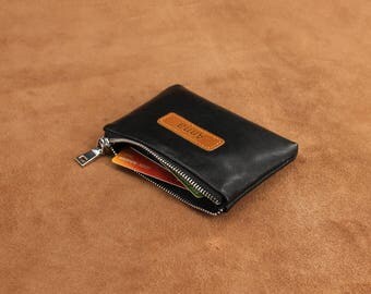 2x Black Genuine Leather Men's Coin Purse - Change Holder Key Ring Wallet (Handmade India)