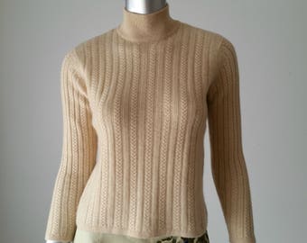 Early 90s Talbot Cashmere Sweater | Mock Neck Sweater | Mary Tyler Moore | Beige Knit Sweater | Talbots Petites | XS Vintage |