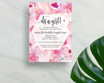 pink floral watercolor invitations // it's a girl baby shower invites // party invites // pink watercolor flowers // custom PRINTED invites
