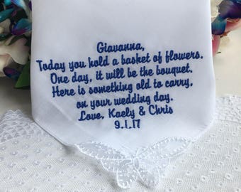 Flower girl handkerchief, wedding keepsake, Flower girl hanky, personalised wedding gift, embroidered handkerchief.