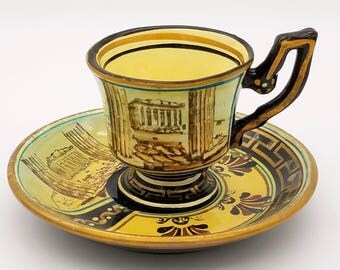 Vintage Greek Souvenir Espresso Cup & Saucer - "Parthenon" Signed D. Vassilopoulos