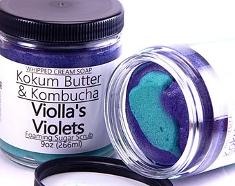 Handmade Whipped Cream Soap Foaming Sugar Scrub -Violla's Violets- Bath Body Luxury Kokum Butter Kombucha Scoby