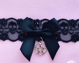 Pastel Goth lace choker, creepy cute choker, saturn charm, moon charm, bell choker