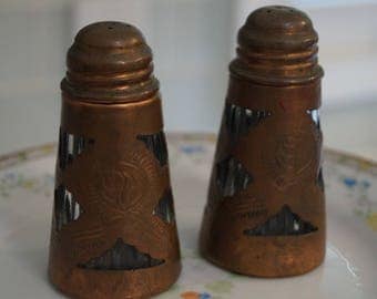 Vintage Salt and Pepper Shakers, Copper Salt and Pepper, Arts and Crafts Salt and Pepper Shakers