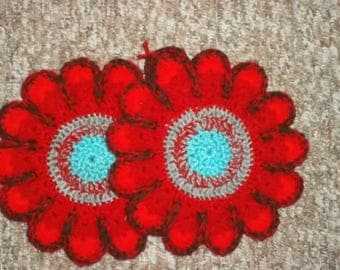 crocheted coasters/table mats, oven mitts, Red