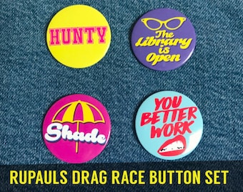 RUPAUL'S DRAG RACE Button Set - lgbt Drag Queen Hunty Shade Gay Lesbian Trans reading library reality alaska bianca pinback