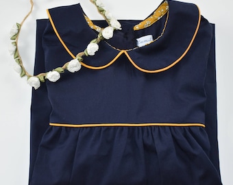 Blouse / tunic / cotton Navy Blue and mustard yellow piping