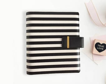 A5 Black and White Striped Leather Planner Binder, Black and White Stripe Planner, A5 planner binder