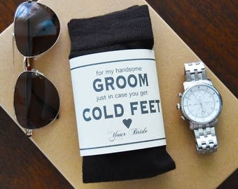 Groom Dress Socks with Personalized Gift Label | Husband to Be | Gift from Bride | Mens Dress Socks | Black Wedding Socks | Cold Feet | Navy
