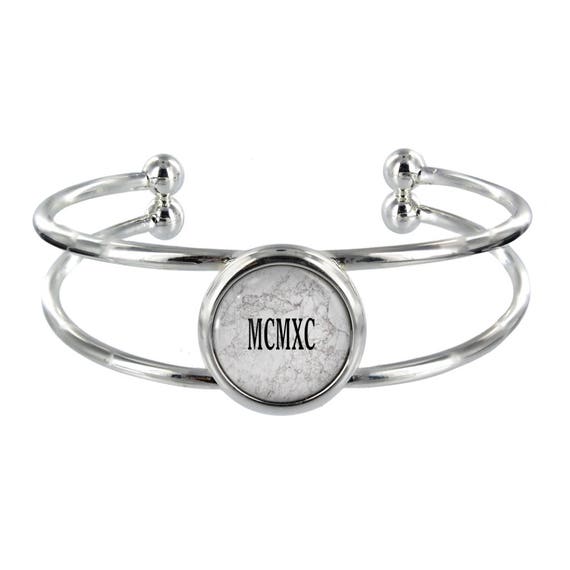 Roman Numerals 1990 Silver Plated Bangle in Organza Gift Bag