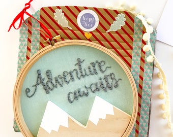 Mint Adventure Awaits Embroidery Hoop Art Wall Hanging, Woodland Nursery Art, New Baby Gift, Wood Mountains Wanderlust