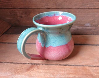 Mug, Handmade Mug, Ceramic Mug, Pottery Mug, Big Mug,Large Mug, Coffee Mug, TeaMug, Pink Mug, Pink and turquoise Mug, Pottery, Ceramic