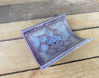 Handmade Ceramic Soap Dish, Stamped Soap Dish, Pottery Soap Dish,Purple Soap Dish, Indian Stamp, Bathroom, Ceramic, Handmade, Purple
