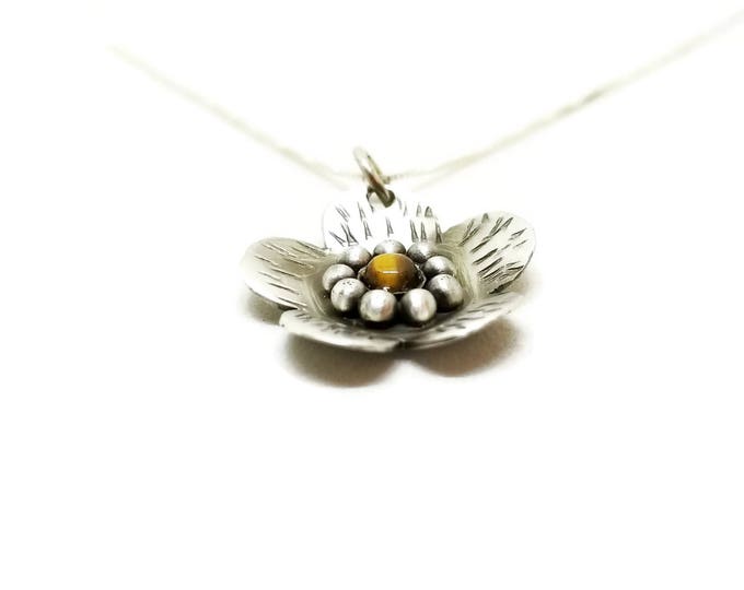 Sterling Silver Tiger's Eye Gemstone Necklace, Sterling Silver Flower Pendant, Unique Birthday Gift, Gemstone Pendant, Gift for Her