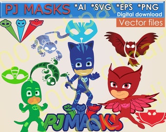 PJ masks SVG png EPS Ai vector files Digital masks clipart Instant Download Catboy svg Vector Files Cricut Design party Owlette Gekko