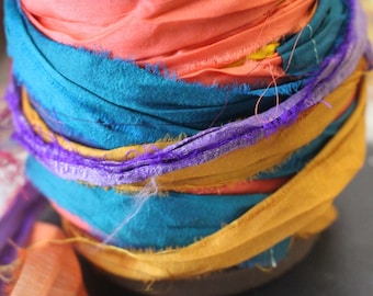 10 Yards Recycled Sari Silk Ribbons, Craft, Jewerly Supplies