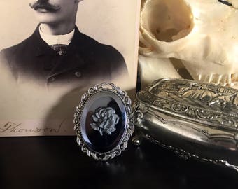 Silver Hematite Rose Brooch, Victorian, Mourning Jewelry, Gothic Jewelry, Brooch, Jewelry, Rose Cameo