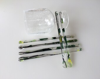 Summer colours fused glass drinks stirrers / swizzle sticks, green and yellow stirrers
